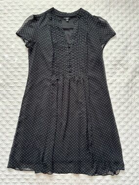J.B.S. Midi Shift Dress Black White Polka Dots V-Neck Pintuck Front Size 16